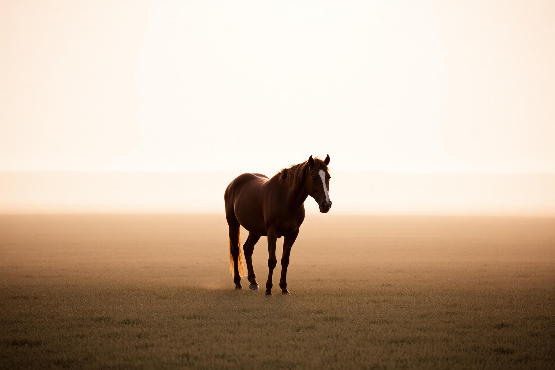 Een paard in een open paddock bij zacht avondlicht